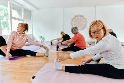 A group of senior women engage in various yoga exercises, including neck, back, and leg stretches, under the guidance of a trainer in a sunlit space, promoting well-being and harmony.