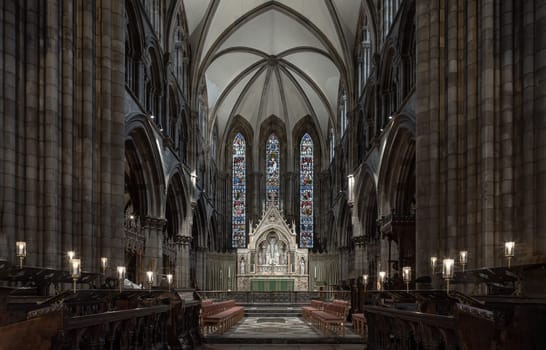 Edinburgh, Scotland - Jan 16, 2024 - Interior view of St Mary's Episcopal Cathedral or the Cathedral Church of Saint Mary the Virgin. is a cathedral of the Scottish Episcopal Church in Edinburgh, Space for text, Selective focus.