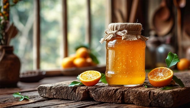 Homemade orange marmalade on wooden table. Seville Orange, Sour Orange, Bitter Orange, Marmalade Orange - native Southeast Asia tropical fruit. Homemade Tasty Jam on white background. Healthy Food. Copy space