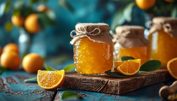 Homemade orange marmalade on wooden table. Seville Orange, Sour Orange, Bitter Orange, Marmalade Orange - native Southeast Asia tropical fruit. Homemade Tasty Jam on white background. Healthy Food. Copy space