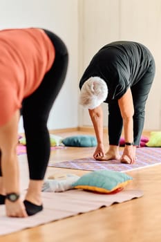 A group of senior women engage in various yoga exercises, including neck, back, and leg stretches, under the guidance of a trainer in a sunlit space, promoting well-being and harmony.