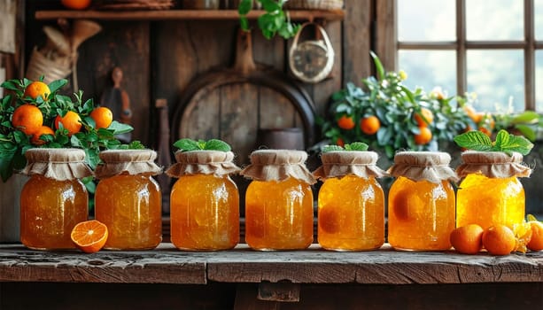 Homemade orange marmalade on wooden table. Seville Orange, Sour Orange, Bitter Orange, Marmalade Orange - native Southeast Asia tropical fruit. Homemade Tasty Jam on white background. Healthy Food. Copy space