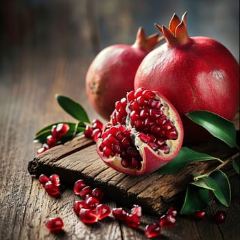 fresh pomegranates on wooden background. selective focus. Food Generative AI,