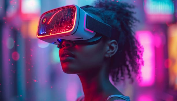 African-American young woman in vr glasses watching 360 degree video with a virtual reality headset neon lights. Gaming in the metaverse moving