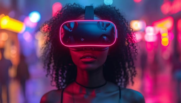 African-American young woman in vr glasses watching 360 degree video with a virtual reality headset neon lights. Gaming in the metaverse moving