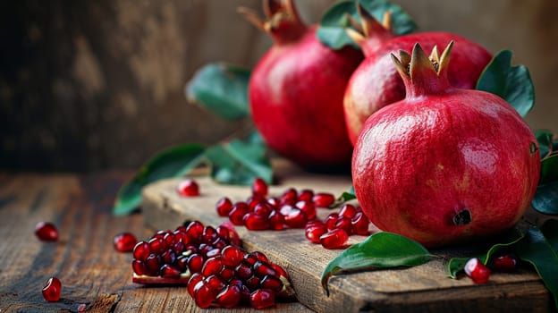 fresh pomegranates on wooden background. selective focus. Food Generative AI,