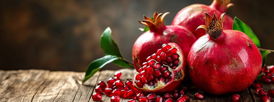 fresh pomegranates on wooden background. selective focus. Food Generative AI,