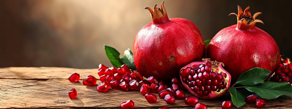 fresh pomegranates on wooden background. selective focus. Food Generative AI,