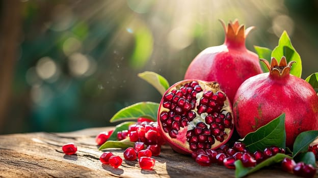 fresh pomegranates on wooden background. selective focus. Food Generative AI,