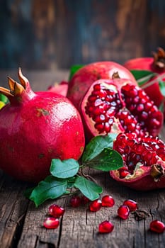 fresh pomegranates on wooden background. selective focus. Food Generative AI,