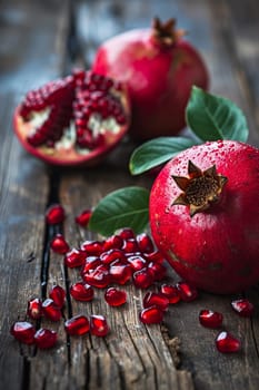 fresh pomegranates on wooden background. selective focus. Food Generative AI,