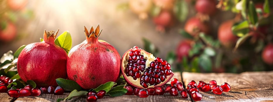 fresh pomegranates on wooden background. selective focus. Food Generative AI,