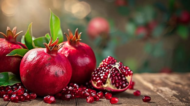 fresh pomegranates on wooden background. selective focus. Food Generative AI,