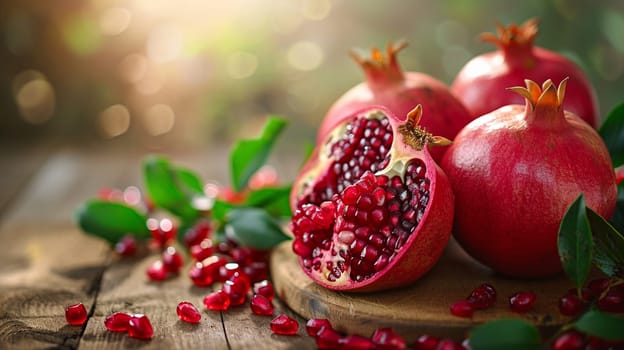 fresh pomegranates on wooden background. selective focus. Food Generative AI,