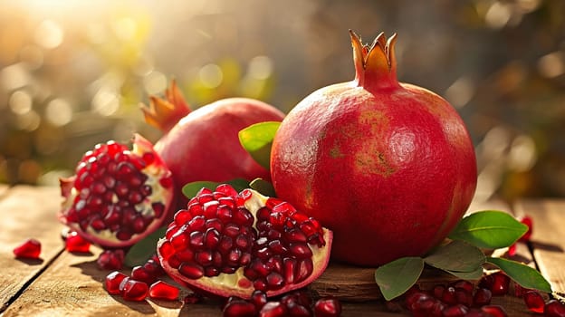 fresh pomegranates on wooden background. selective focus. Food Generative AI,