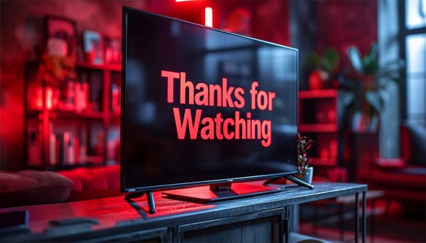 Tv screen with the text Thanks for watching. Animated trailer saying thank you for watching,Neon style in living room, perfect for intros, outros, countdowns, content, tech, slides, movies, cinematics, video editing, etc. Movie