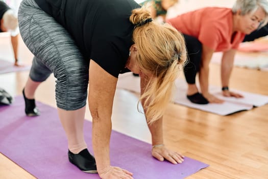 A group of senior women engage in various yoga exercises, including neck, back, and leg stretches, under the guidance of a trainer in a sunlit space, promoting well-being and harmony.