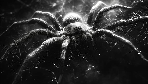 Scary close up of a spider on black background. Close up spider's web on retro vintage black color background for halloween night party design concept concept. Scary horror design mp4