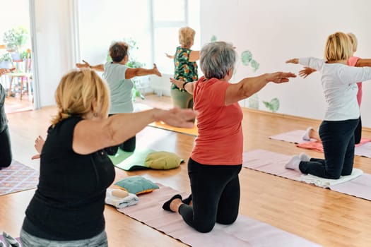 A group of senior women engage in various yoga exercises, including neck, back, and leg stretches, under the guidance of a trainer in a sunlit space, promoting well-being and harmony.