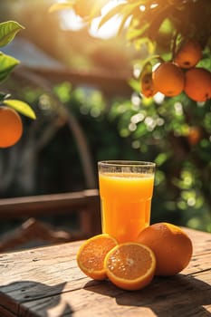 Freshly squeezed orange juice on a garden table. selective focus. drink Generative AI,