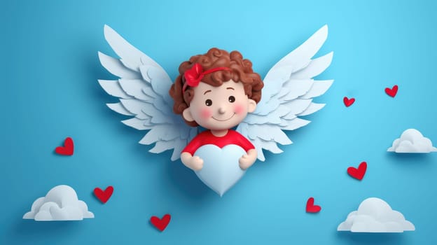 Happy Valentine's Day banner. Cupid in 3D cartoon style on blue background AI