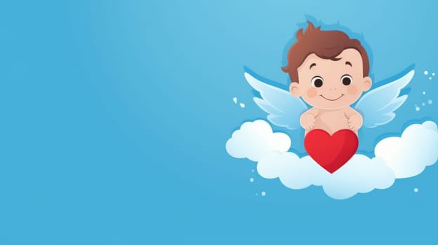 Happy Valentine's Day banner. Cupid in cartoon style on blue background AI