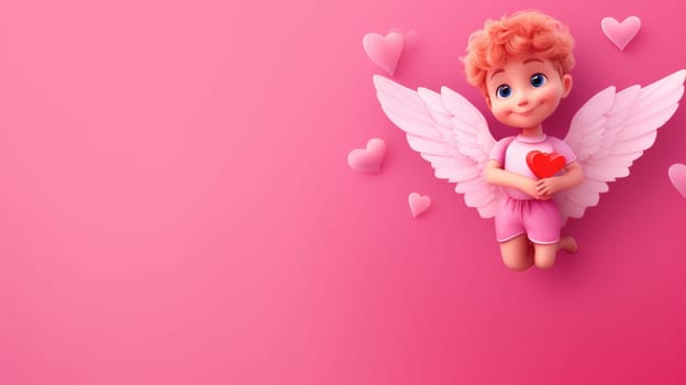 Happy Valentine's Day banner. Cupid in 3D cartoon style on pink background AI