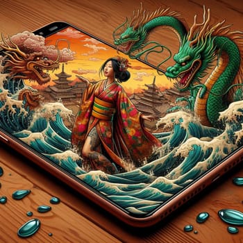 traditional asian woman wear kimono silky dress dance with dragon in chinese new year, background shanghai city skyline come out of phone screen on a desk