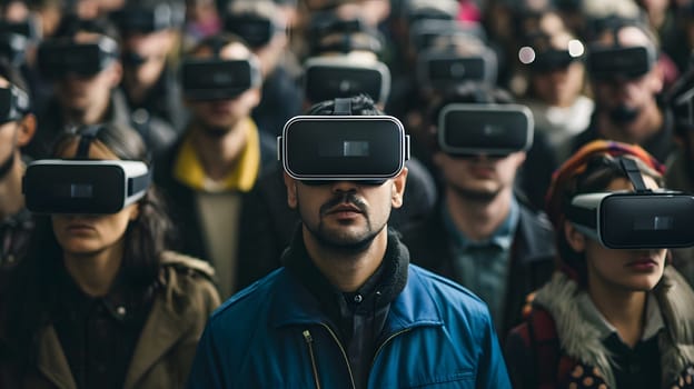 crowd of hypnotised people in vr glasses, generative ai. High quality photo