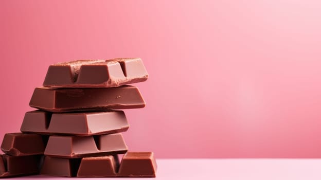 Dark chocolate on pink background. Side view AI