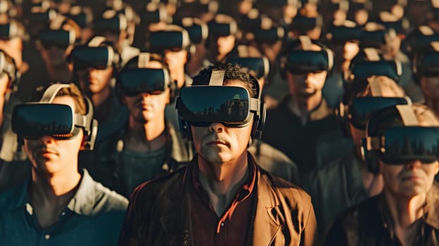 crowd of hypnotised people in vr glasses, generative ai. High quality photo