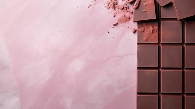 Dark chocolate on pink background. Top view AI