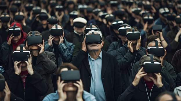 crowd of hypnotised people in vr glasses, generative ai. High quality photo