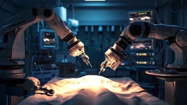 robotic arms perform a surgical operation, generative ai. High quality photo