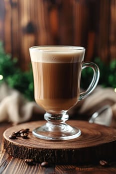 Glass of coffee with cream on wooden background. selective focus. Drink Generative AI,