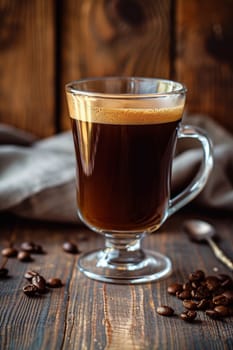 Glass of coffee with cream on wooden background. selective focus. Drink Generative AI,