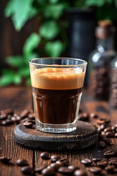 Glass of coffee with cream on wooden background. selective focus. Drink Generative AI,
