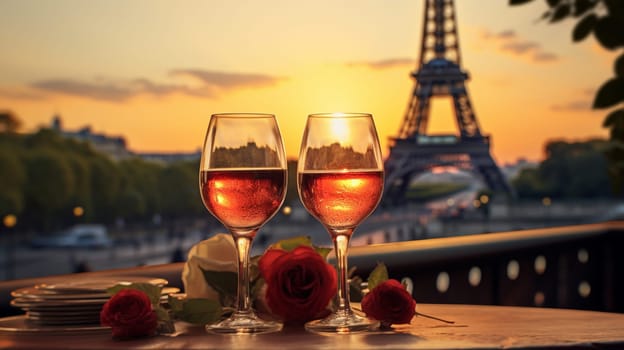 Glasses of wine against the background of the Eiffel Tower. selective focus. drink Generative AI,