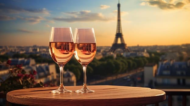 Glasses of wine against the background of the Eiffel Tower. selective focus. drink Generative AI,