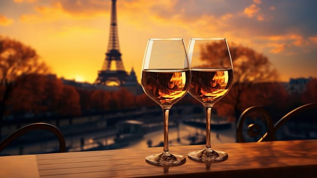 Glasses of wine against the background of the Eiffel Tower. selective focus. drink Generative AI,