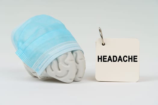 Medical concept. On a white surface next to the brain there is a notepad with the inscription - Headache