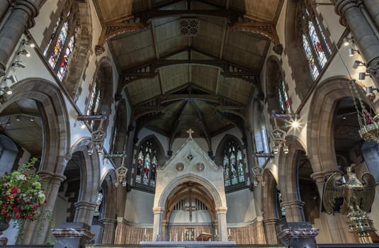 Edinburgh, Scotland - Jan 18, 2024 - Interior view of St Mary's Catholic Cathedral. The Metropolitan Cathedral of Our Lady of the Assumption, is a Roman Catholic church of the Edinburgh city, Space for text, Selective focus.