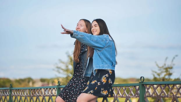 Two girlfriends talking sitting on the fence