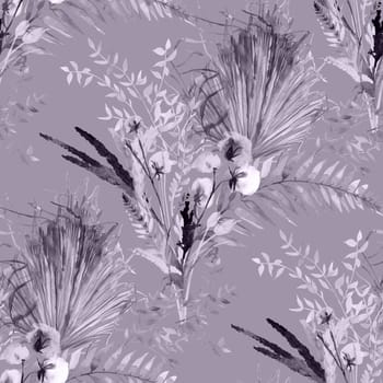 Monochrome seamless pattern with silhouettes of dry branches and leaves of palm trees and ferns for summer textiles