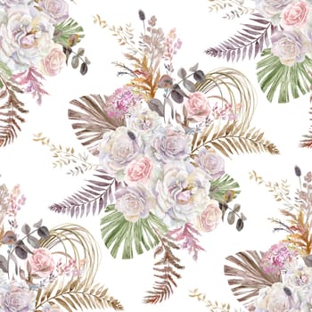 Watercolor vintage seamless pattern with delicate pink rose flowers and tropical palm leaves for summer textile and surface design and retro decor