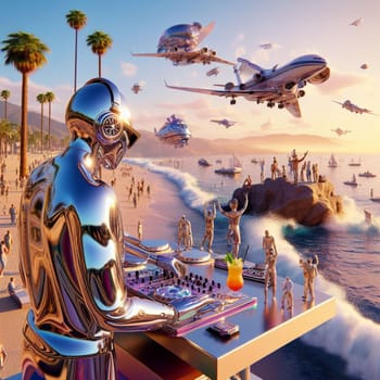 metallic alien dj with human skull, wearing glasses earphone dj of beach party in tropical island generative ai art