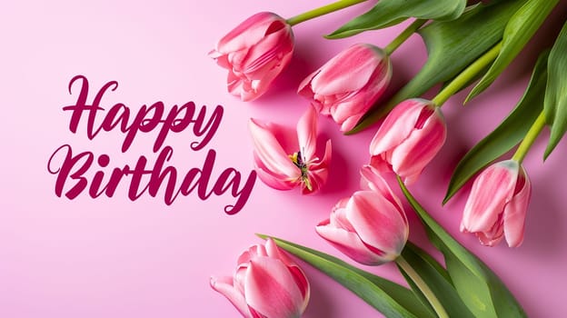 Happy birthday card with beautiful tulips selective focus. Nature Generative AI,