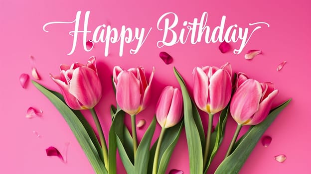 Happy birthday card with beautiful tulips selective focus. Nature Generative AI,