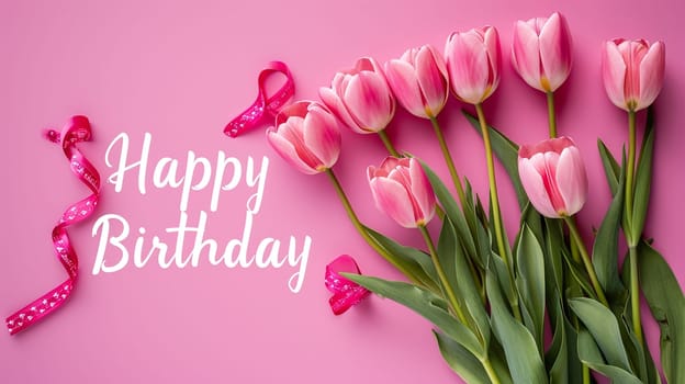 Happy birthday card with beautiful tulips selective focus. Nature Generative AI,