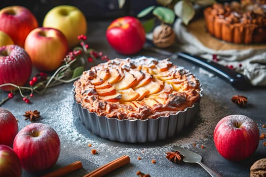 Apple pie with fresh apples in a pie pan.